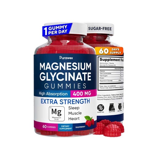 Purawex Magnesium Glycinate Gummies – High Absorption 400mg | 60 Gummies | Sleep, Muscle &amp; Heart Support